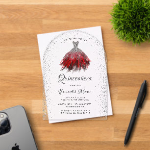 Invitations En Acrylique Robe Parties scintillant en argent rouge Quinceañe
