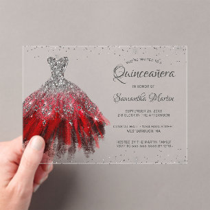Invitations En Acrylique Robe Parties scintillant en argent rouge Script Qu