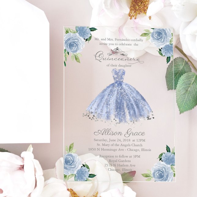 Invitations En Acrylique Robe princesse d'argent bleu Dusty Quinceañera (Créateur téléchargé)