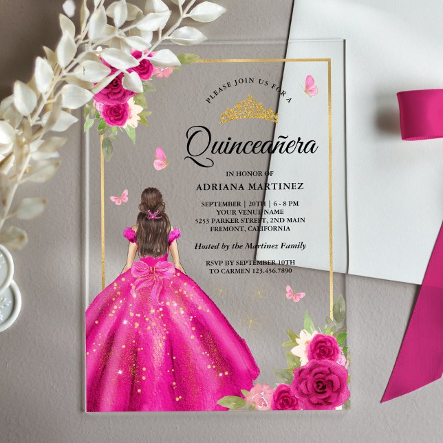 Invitations En Acrylique Robe rose chaude papillon Or Quinceanera (Créateur téléchargé)