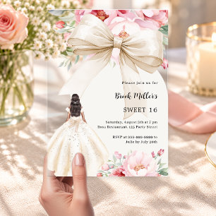 Invitations En Acrylique Robe rose fleurs rose clair Bow Sweet 16