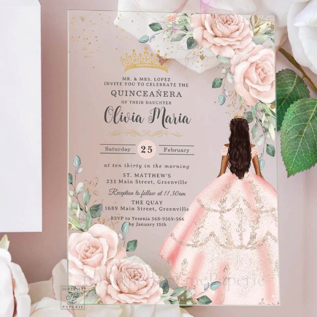 Invitations En Acrylique Robe rose flush princesse Gown Quinceanera (Créateur téléchargé)