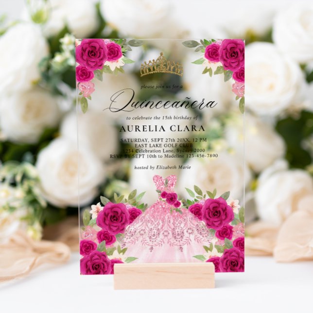 Invitations En Acrylique Robe rose Glam Magenta 15ème Quinceañera (Créateur téléchargé)