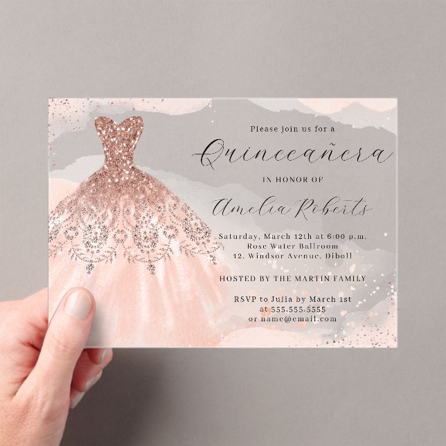 Invitations En Acrylique Robe rose or Élégante à étincelle Quinceanera (In situ (ordinateur de poche))