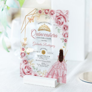 Invitations En Acrylique Robe rose or Quinceanera Floral