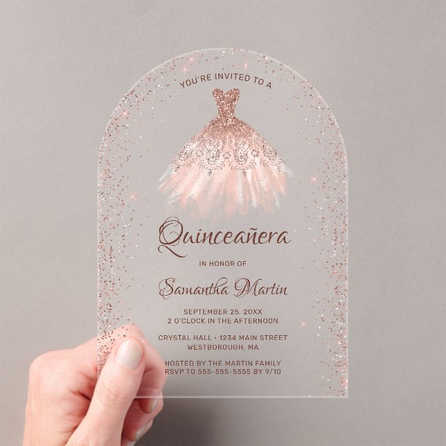 Invitations En Acrylique Robe rose Parties scintillant or Quinceañera (In situ (ordinateur de poche))