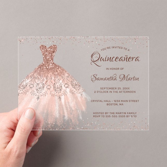 Invitations En Acrylique Robe rose Parties scintillant or Script Quinceañer (In situ (ordinateur de poche))