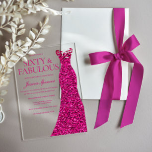 Invitations En Acrylique Robe rose Soixante et Fabuleuse 60e anniversaire