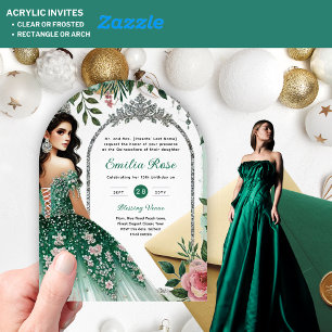 Invitations En Acrylique Robe rose verte Quinceañera Silver Mis Quince
