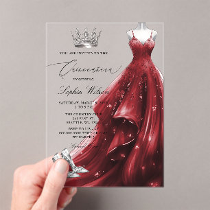 Invitations En Acrylique Robe rouge argent Princesse Quinceañera