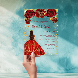 Invitations En Acrylique Robe rouge florales roses clair Sweet 16