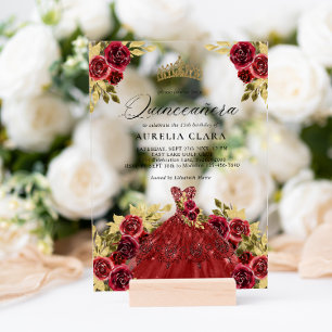 Invitations En Acrylique Robe rouge glam Aquarelle florale 15e Quinceañera