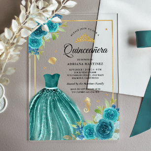Invitations En Acrylique Robe sarcelle sous la mer Mermaid Quinceanera doré