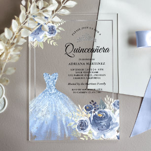 Invitations En Acrylique Robe scintillante roses bleues douces argentée Qui