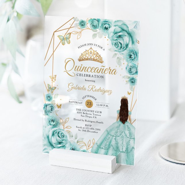 Invitations En Acrylique Robe turquoise de Quinceanera florale or (Créateur téléchargé)