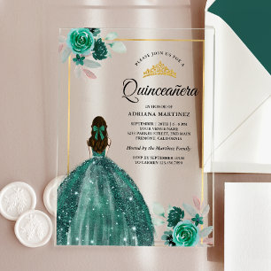Invitations En Acrylique Robe vert émeraude Quinceanera Or Floral