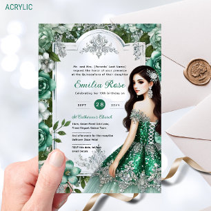 Invitations En Acrylique Robe verte en argent Quinceañera Elégante Mis Quin