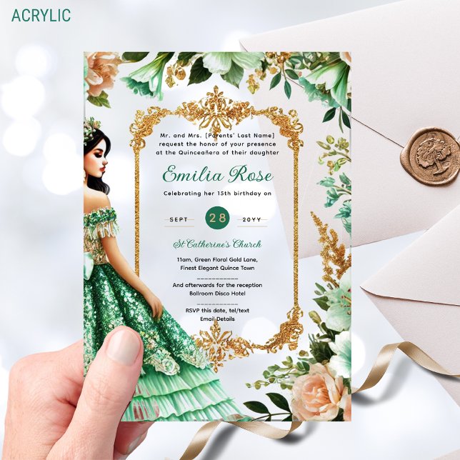 Invitations En Acrylique Robe verte en or Quinceañera Emerald Mis Quince (Créateur téléchargé)
