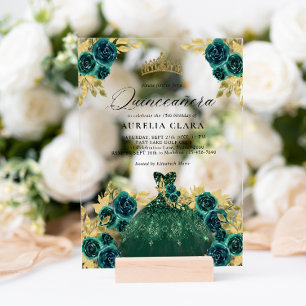 Invitations En Acrylique Robe verte glamour florale 15ème Quinceañera