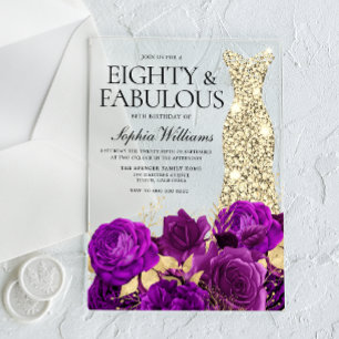 Invitations En Acrylique Robe violette et or 80e fête d'anniversaire