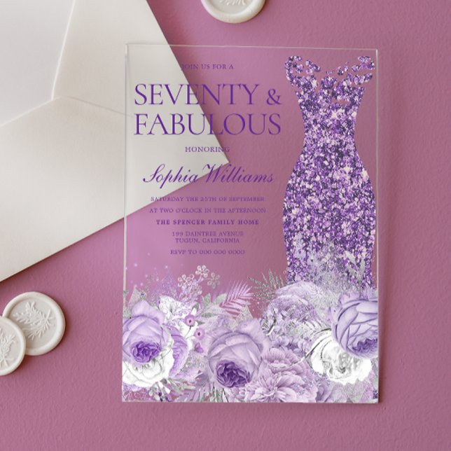 Invitations En Acrylique Robe violette Floral Soixante-dix fabuleux 70e ann (Créateur téléchargé)