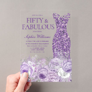 Invitations En Acrylique Robe violette florale 50 & fabuleuse 50e anniversa