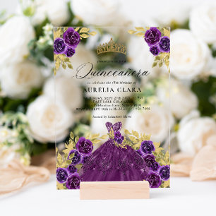 Invitations En Acrylique Robe violette glamour florale 15ème Quinceañera