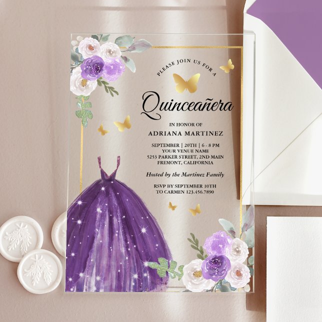 Invitations En Acrylique Robe violette Papillon floral Quinceanera or (Créateur téléchargé)