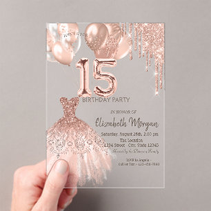 Invitations En Acrylique Robes de bal pailletées or rose Quinceanera Ballon