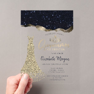 Invitations En Acrylique Robes de diamants chic, diadème doré, paillettes n