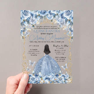Invitations En Acrylique Robes de Luxe Bébé Bleu Or Princesse Quinceanera