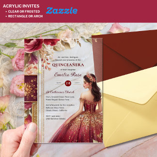 Invitations En Acrylique Robes de Quinceañera Bourgogne Rouge Or Fleurs de