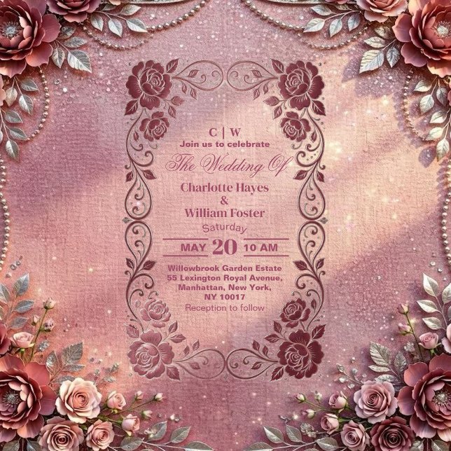 Invitations En Acrylique Romantic Blush Pink Rose Silver Floral Wedding  (Romantic Blush Pink Rose Silver Floral Wedding Acrylic Invitations)