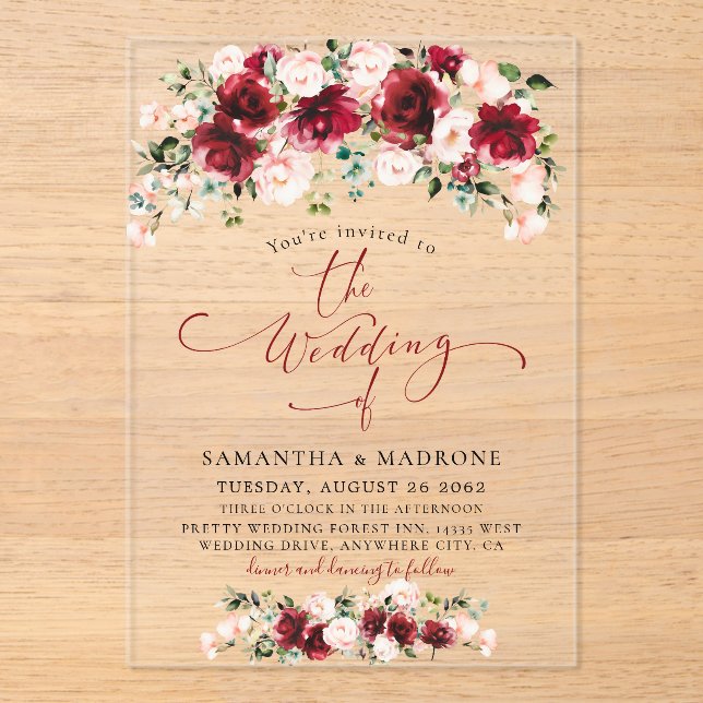 Invitations En Acrylique Romantic Burgundy Blush Watercolor Roses Wedding  (Recto)