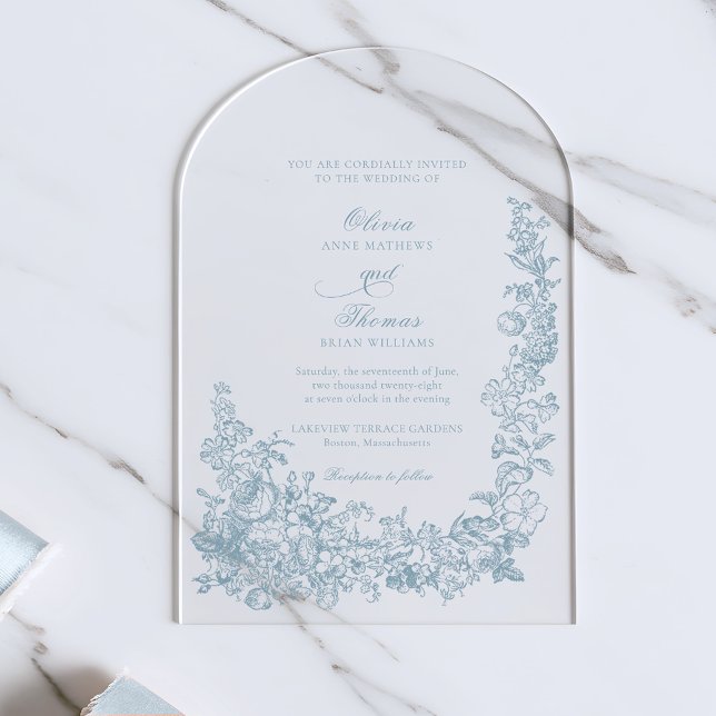 Invitations En Acrylique Romantic Dusty Blue Line Art Floral Wedding (Créateur téléchargé)