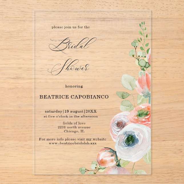 Invitations En Acrylique Romantic Peach Coral Floral Bridal Shower  (Recto)
