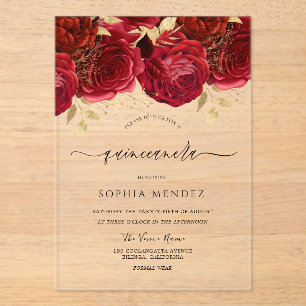Invitations En Acrylique Romantique Roses Rouges Élégante Quinceanera Party