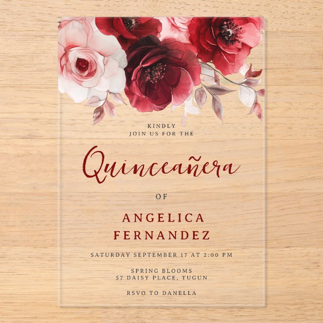 Invitations En Acrylique Romantique Ruby Rouge Rose Quinceanera Party (Recto)