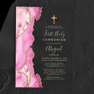 Invitations En Acrylique Rose Agate Or Texte Filles Première Sainte Communi