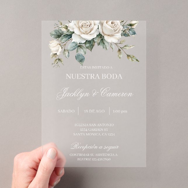 Invitations En Acrylique Rose blanche acrylique Mariage Espagnol (In situ (ordinateur de poche))
