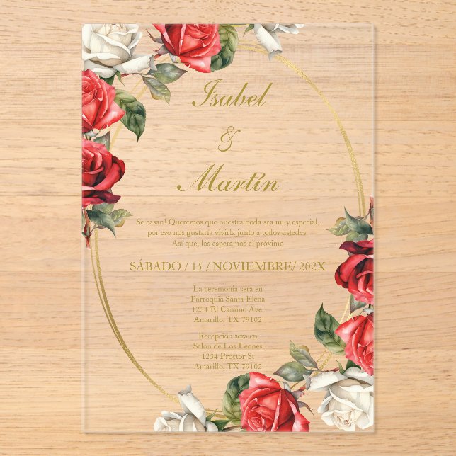 Invitations En Acrylique Rose blanche et rouge Élégant mariage espagnol (Recto)
