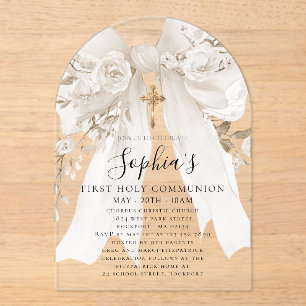 Invitations En Acrylique Rose Blanche Fleurie Arche de Première Communion