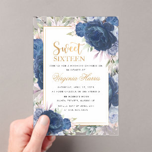 Invitations En Acrylique Rose bleu Sweet sixteen floral 16 Anniversaire