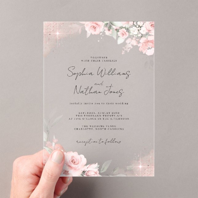 Invitations En Acrylique Rose Blush Rose Papillon Argent Mariage  (In situ (ordinateur de poche))