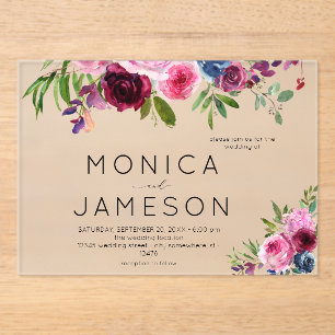Invitations En Acrylique Rose chaud et bleu marine Mariage floral 2