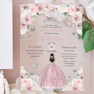 Invitations En Acrylique Rose doux Floral Princesse Quinceañera XV 16