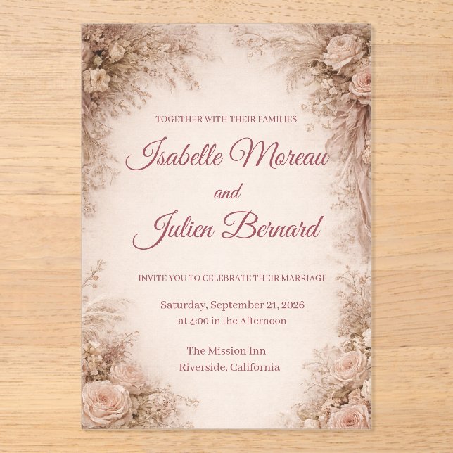 Invitations En Acrylique Rose du désert – Dune & Bloom Mariage (Recto)