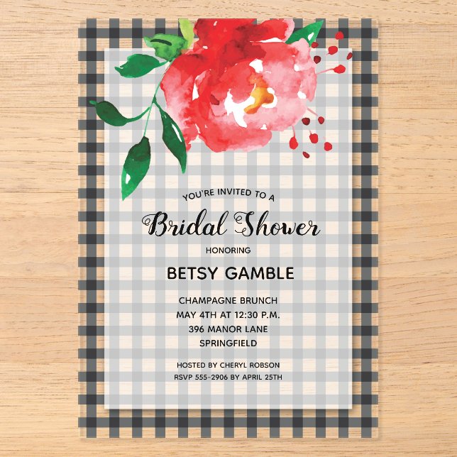 Invitations En Acrylique Rose Élégante sur Mariage Thème Gingham (Recto)