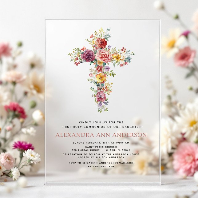 Invitations En Acrylique Rose et verdure rose pâle pour la première communi (Créateur téléchargé)