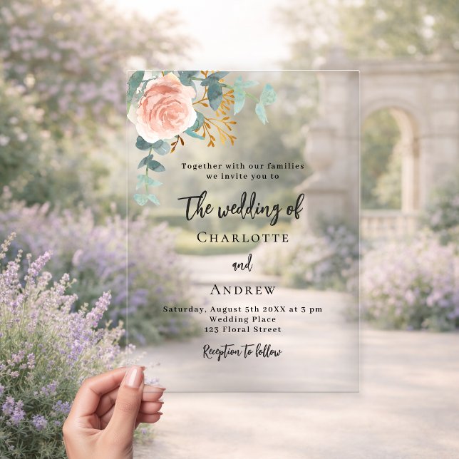 Invitations En Acrylique Rose eucalyptus rose mariage clair (Créateur téléchargé)